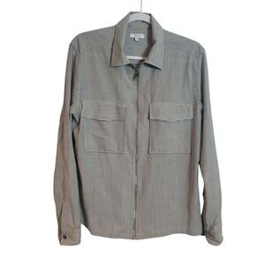 Reiss Men's Metro Wool Zip Through Shirt Gray White Stripes Preppy Size Medium M